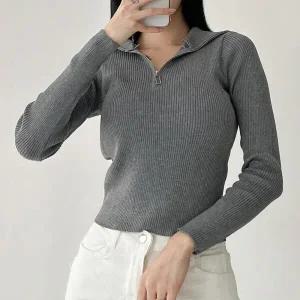 /옷자락 여자 반집업 골지 슬림핏 회색 카라티