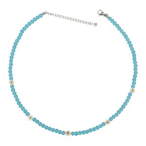 블루 4mm 유리비즈 데이지꽃 써지컬스틸 목걸이
