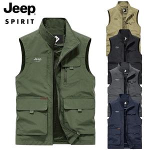 JEEP SPIRIT 봄가을 조끼 남성 아웃도어 얇은 루즈 스탠드 칼라 대형 작업복 조끼