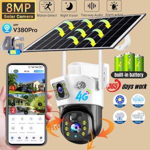 8MP 4G 태양열 카메라 V380 Pro 야외 감시 IP 카메라 지원 컬러 야간 투시경 PIR 모션 감지 감시 카메라