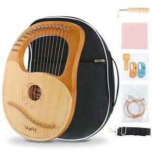 초급 하프 클래식 스타일 악기를 위한 VANPHY Lyre Harp 16현 마호가니 바디 메탈 스트링 튜닝 렌치 청소 천 스트랩 블랙 기그백(목재)