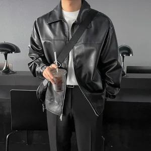 남성 데일리룩 항공 점퍼 더블지퍼 가죽자켓 봄가을 빈티지 캐주얼 루즈핏 라이더 재킷 가죽 코트 인기3
