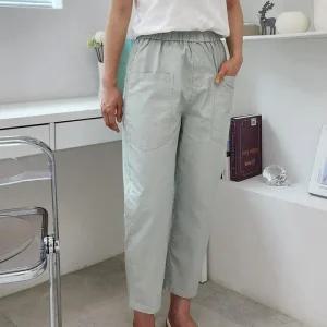 여성 여름 빅포켓 배기핏 파스텔 밴딩 면 바지_4