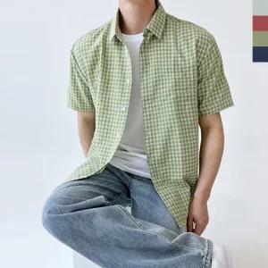 남성 여름 칼라 오버핏 시어서커 인기 체크 반팔 남방 셔츠 (WFIWH7H)