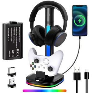 컨트롤러 충전기가 있는 Xbox 헤드폰 스탠드, Xbox 시리즈 X/S/One/One X/One X/One S 충전을 위한 RGB Xbox 컨트롤러 충전 스테이션 헤드셋 스탠드, 1 * 5180mWh 충전식 Xbox 배터리 팩 장착