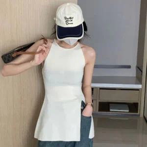 [하프클럽/]언밸런스 슬릿 롱 슬리브리스 홀터넥 나시탑