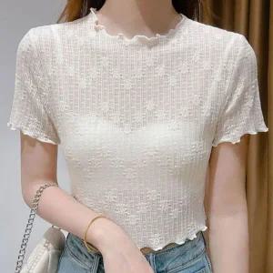 [하프클럽/]프릴 레이스 물결 시스루 크롭 반팔티