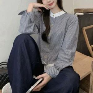 [하프클럽/]여성 스트라이프 배색 차이나카라 셔츠