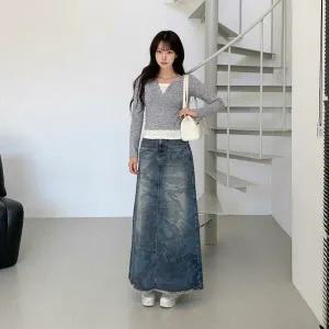 여성 슬릿 롱 빈티지 카모 진 에이라인 스커트