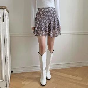 여자 러블리 뒷밴딩 꽃무늬 쉬폰 프릴 미니 스커트