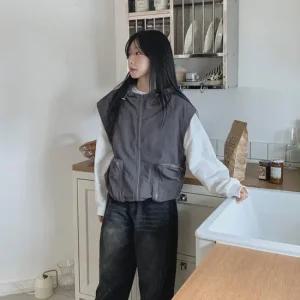 여자 캐주얼 오버핏 더블포켓 후드 바람막이 조끼