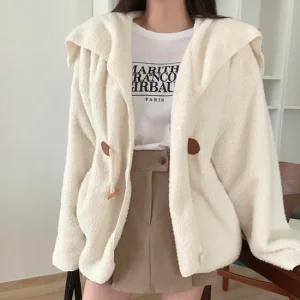 여성 루즈핏 세일러넥 단추 후리스 양털 가디건