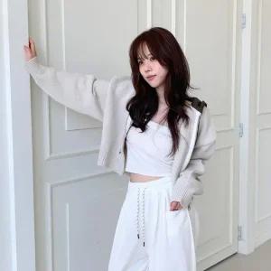 여자 루즈핏 레더 후드 스트링 크롭 투웨이 니트 집업
