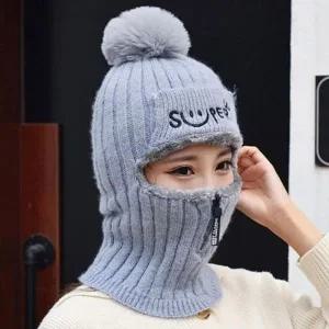 [콩심팥심]넥워머 여성용 방울비니 지퍼오픈 일체형 니트모자 여