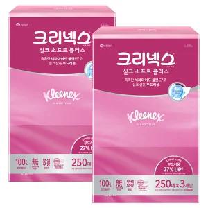 크리넥스 실크소프트 250매x3개입 2팩 미용티슈 각티슈 휴지