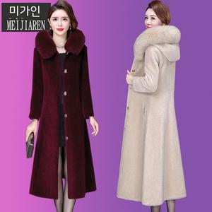 셀_여성 긴 모피 코트 양털 인조 헤닝 커팅 엄마옷 년 복 미디엄 무릎 퍼 일체형 울 밍크