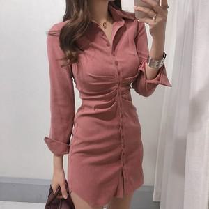 카라 원피스 미니 셔츠 슬림핏 여성 셔링 형 무릎위 코듀로이 예쁜