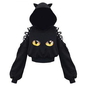 여자 여성 후드 티 집업 긴팔 크롭 고양이 눈 프린트 귀여운 귀 후디 Y2K 고스 펑크 스트리트웨어 레이스업