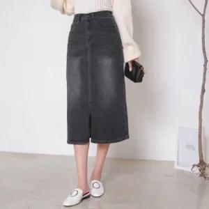[헤이올리] 베이직 앞트임 반밴딩 그레이진 데님스커트 SH1154