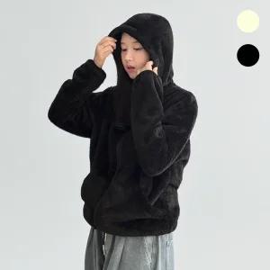 멋지군 오버핏 남녀공용 후드 털 플리스 후리스 양털 자켓 데일리 아우터