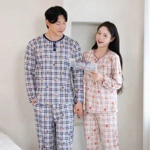 (제이지몰)커플 피치 기모 잠옷 뉴이어베어 체크 캐릭터 시보리 긴팔 남자 여성 파자마 봄 가을 겨울 홈웨어