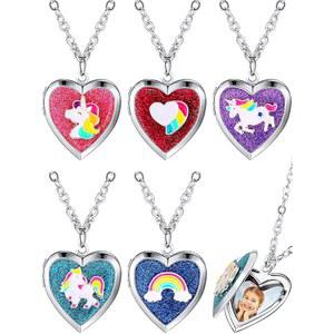 히카러 5개 하트 로켓 목걸이 유니콘 인어 무지개 그림 펜던트 사진 시크릿 체인 주얼리 크리스마스 여아 생일 선물