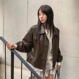 [다잇템] 여자 카라넥 가죽 힙무드 버튼 빅사이즈 자켓