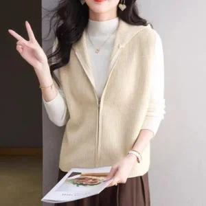 여성 심플 무지 골지 레귤러핏 골지 니트 집업 조끼