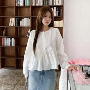 [옷자락]여자 코튼 무지 레이스 a라인 플레어 블라우스