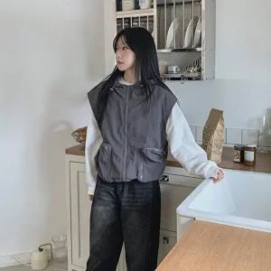 [옷자락]여자 캐주얼 오버핏 더블포켓 후드 바람막이 조끼