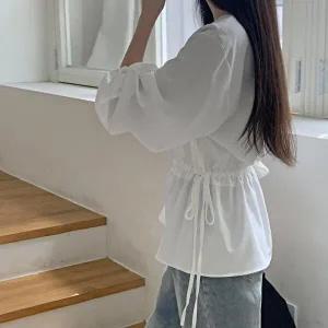 [옷자락]여자 심플 허리스트랩 찰랑핏 긴팔 블라우스