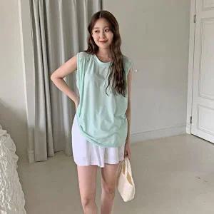 [옷자락]여자 레이온 스판 라운드넥 핀턱 셔링 민소매 티셔츠