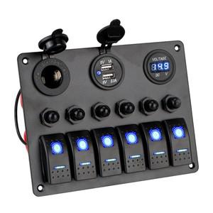 듀얼 USB 포트 디지털 전압계 알루미늄 패널 DC 12V 자동차 해양 보트 회로 LED 차단기 6 갱 로커 스위치