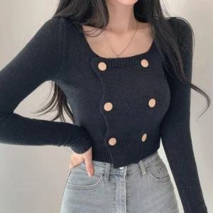슬림라인 카디건 크롭 2컬러 더블버튼 페미닌 니트가디건 롱가디건