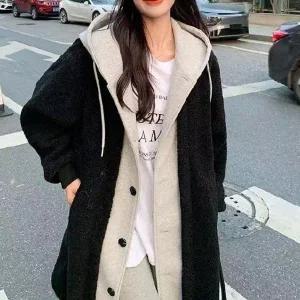 [플로렌]젠 후드 레이어드 뽀글이 코트_P378947908