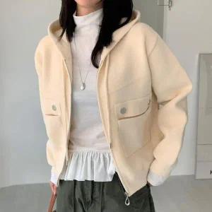 [다잇템]여자 니트자켓 박시 더블포켓 FW 오픈 후드집업_P407694148