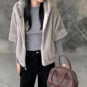 [다잇템]여성 인조모피 FW 소프트 반소매 후드집업_P407697368