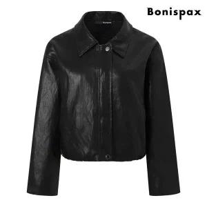 [롯데백화점]미니멈에브리데이/보니스팍스 레더 카라 집업 밴딩 크롭 자켓 (XP3JK025L0)