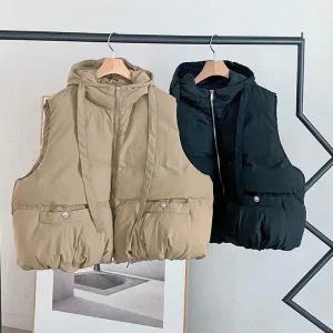 여성 캐주얼 포켓 후드 스트링 패딩 베스트