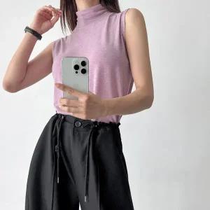 여자 이너티 민소매 목폴라 스판 루즈핏 무지 티셔츠