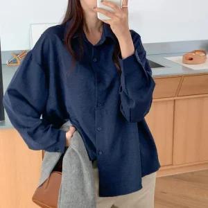 여자 오피스룩 루즈핏 솔리드 힙커버 셔츠