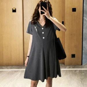 미니원피스 여름 반팔 브이넥 쓰리단추 임산부 여성 데일리 미디 베이직 캐주얼 쓰리