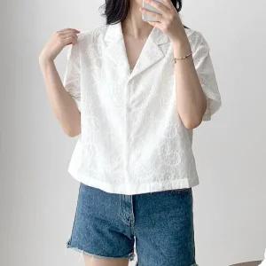여자 여름남방 크롭 펀칭 패턴 반팔 면 셔츠_3