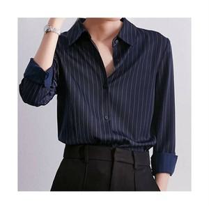 페이퍼먼츠 여성용 베이직 카라넥 세로 스트라이프 긴팔 셔츠 23374