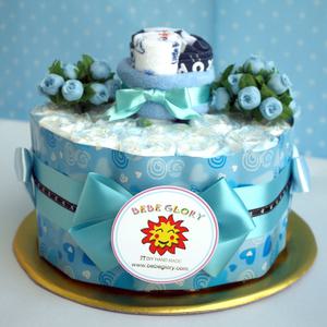 출산선물/산모선물 - 기저귀케익1단 글로리핑크 1단계 남아용 신생아용 기저귀20개+양말+손수건포함 완성품