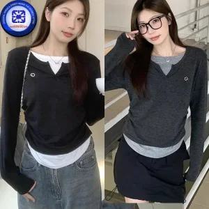 여성 봄가을 G - JAPAN 자수 페이크 투피스 더블레이어드 V넥 인 라운드넥 긴팔티셔츠 2칼라/4