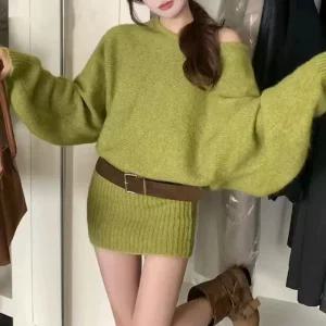 채핏 릭스 벨트가오리 원피스 긴팔 니트 미니 ops 벨트 가오리 오버핏 오프숄더 데이트룩 데일리룩
