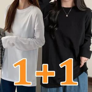 1+1 여자 라운드 긴팔티 롱슬리브 기본 무지 티셔츠 여자티셔츠 라운드티셔츠 긴팔티 여성 흰티 롱티