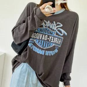 할리레터링 라운드배색 슬라브박스 긴팔롱티셔츠 가을데일리 빅사이즈 루즈핏 면캐주얼