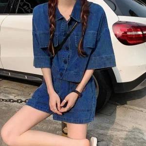 고품질 여성 반팔 블라우스 데님 투피스 셋업 반바지 반팔데님셔츠 (WFK79HS)